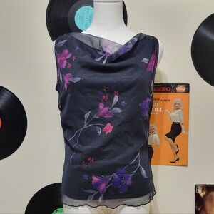 Rag | 90s Vintage Dark Floral Mesh Cowl Neck Top